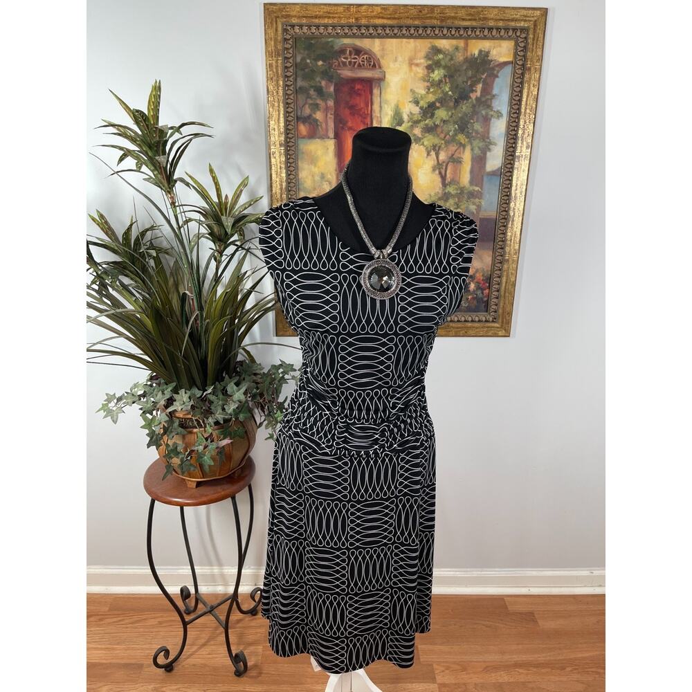 En Focus Midi Dress Womens 10P Black Geometric‎ Sleeveless Art Deco Monochrome